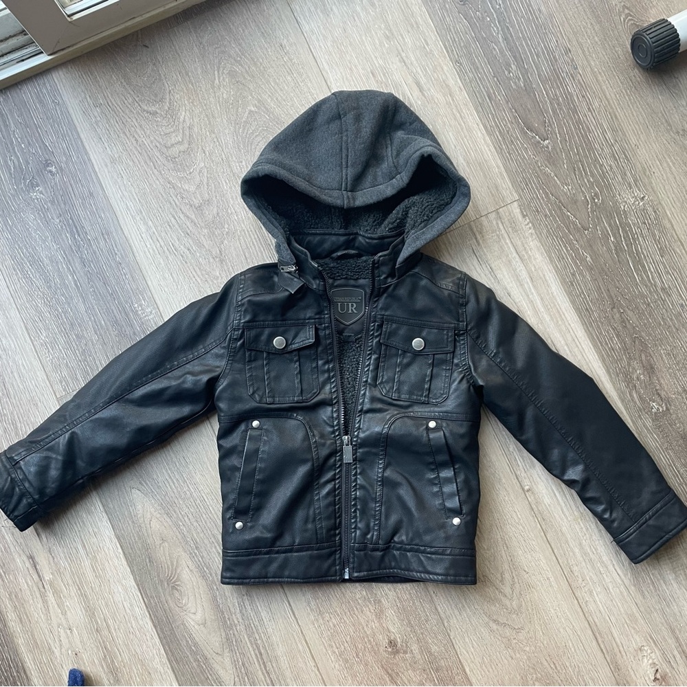 Kids Faux Leather Black Jacket with Gray Hood